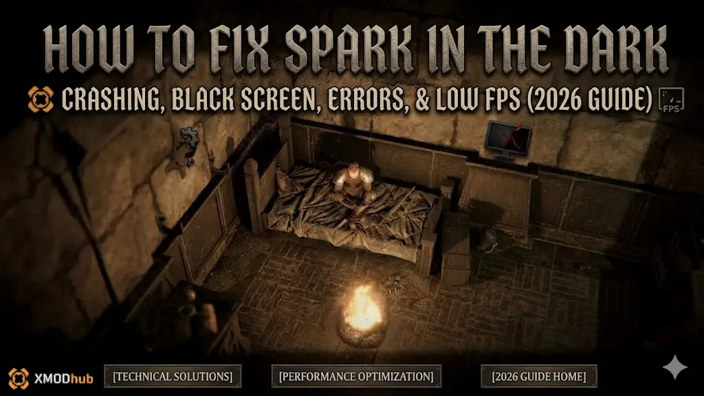 Cover image for a technical troubleshooting guide for "Spark in the Dark," detailing performance and error fixes.