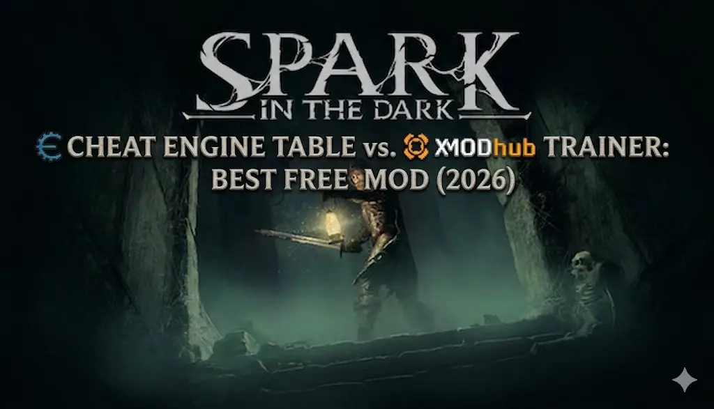 Comparison banner for Spark in the Dark mods: Cheat Engine Table vs. XMODhub Trainer.