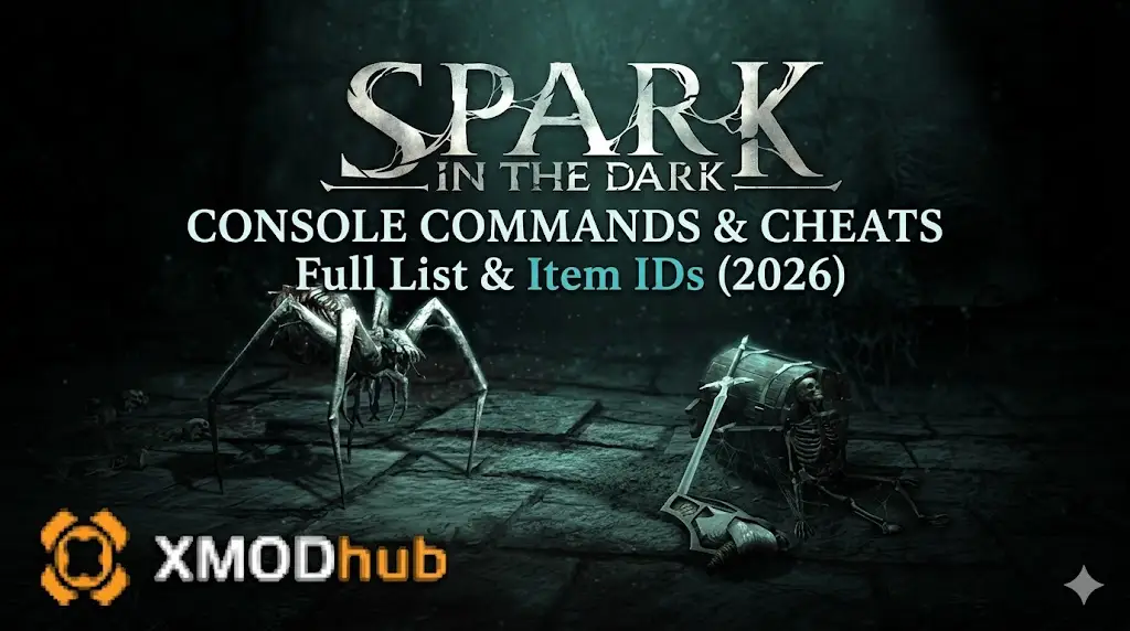 Spark in the Dark console commands & cheats full list with XMODhub logo.