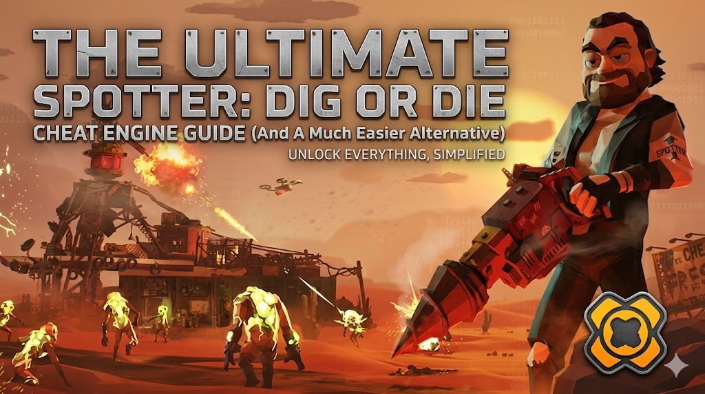 A promotional banner for a Spotter: Dig or Die cheat engine guide, showing a character with a drill weapon defending a fortified base from mutants.