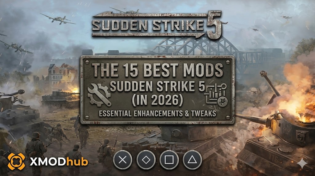 A blog header for Sudden Strike 5 with a central '15 Best Mods' panel and a WWII battle scene background featuring XMODhub branding.