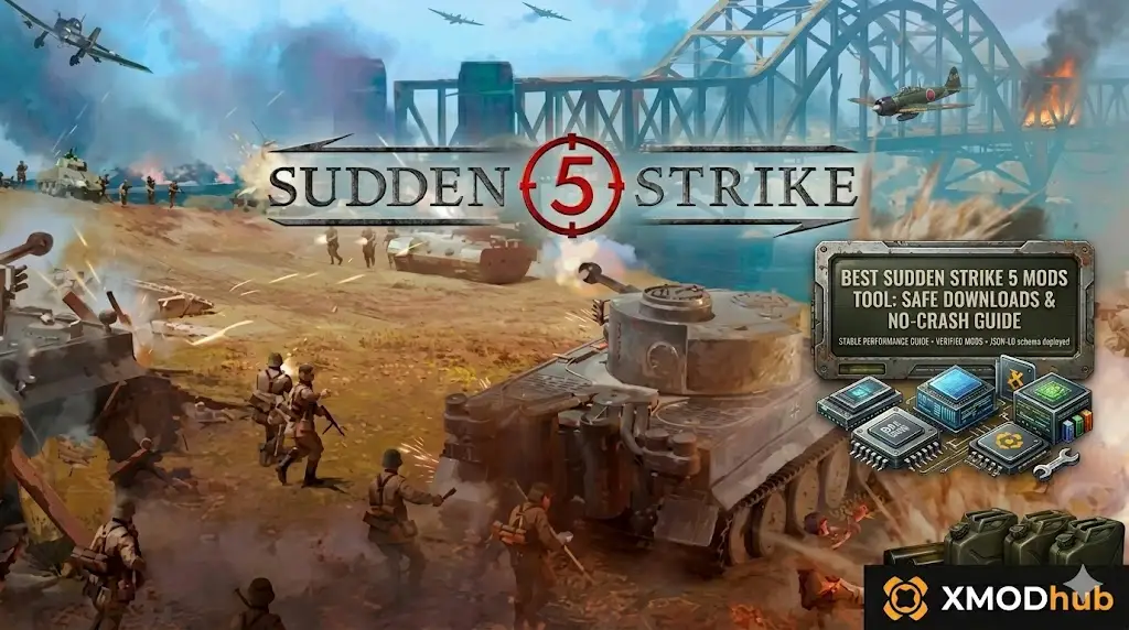 Sudden Strike 5 blog cover with battlefield art, centered technical mod icons, and XMODhub logo, illustrating a guide for safe mod downloads.