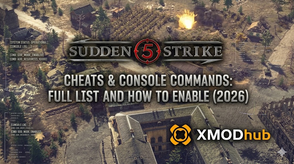 An isometric view of a WWII town and farm in Sudden Strike 5 with tanks, branded with the XMODhub logo for a cheats guide.