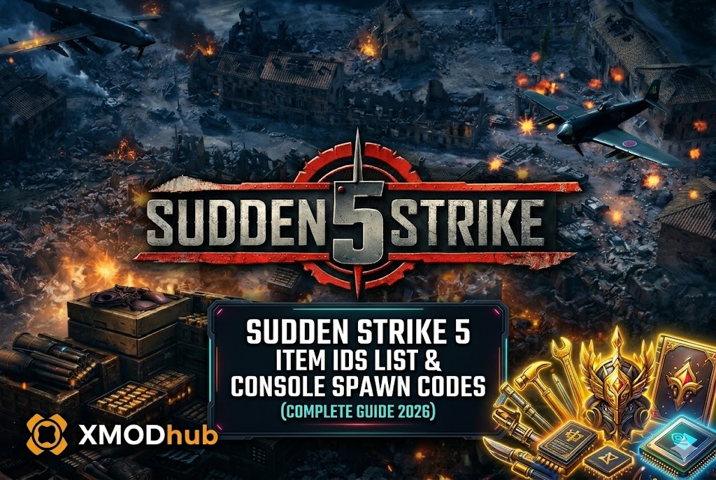 Sudden Strike 5 blog header featuring a burning WWII battlefield background, game logo, and a title box for item IDs and console spawn codes with XMODhub branding.