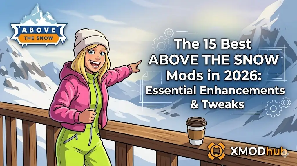 Cartoon character on a snowy balcony featuring the Above The Snow game logo and XMODhub branding for a 2026 mods guide.