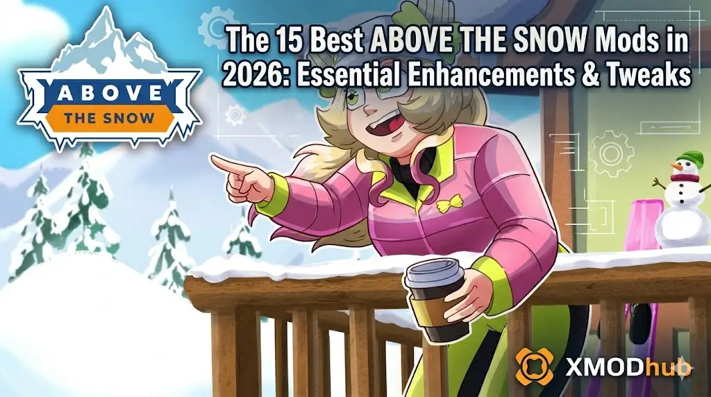 Cartoon character on a snowy balcony featuring the Above The Snow game logo and XMODhub branding for a 2026 mods guide. 