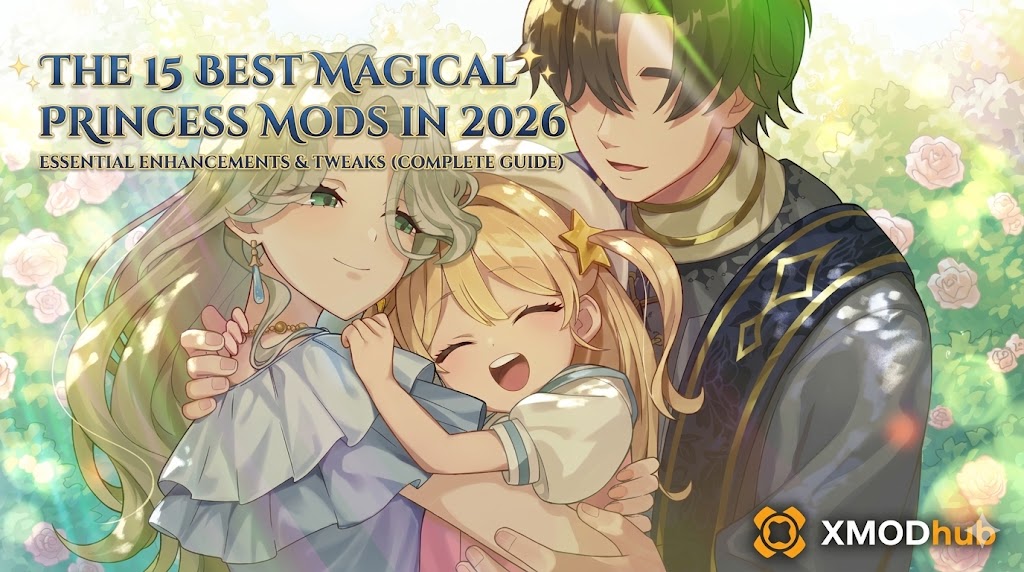 A colorful anime-style banner featuring a happy family group, blooming roses, the text 'THE 15 BEST MAGICAL PRINCESS MODS IN 2026', and the XMODhub logo.