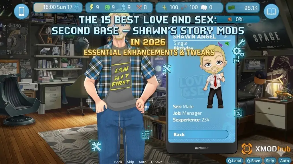 Blog header image for the 15 best essential enhancements and tweaks for "Love and Sex: Second Base - Shawn's Story" in 2026, featuring character Shawn Angel and the XMODhub logo.