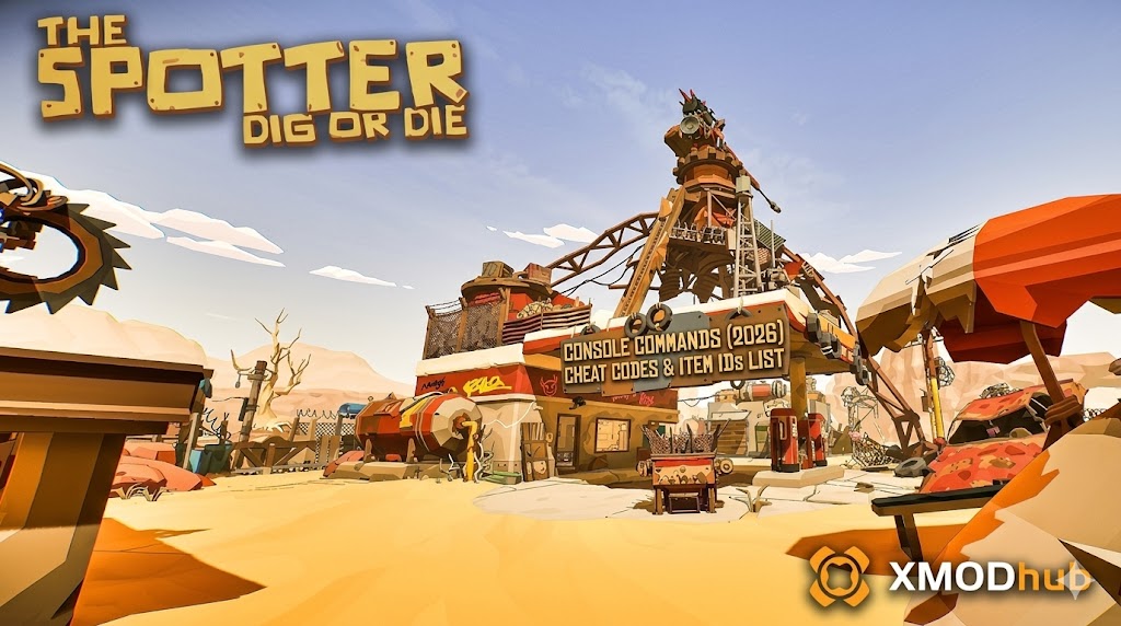 Header art for 'The Spotter: Dig or Die' game, showcasing a stylized junk-punk desert outpost with a sign for console commands and cheat codes.