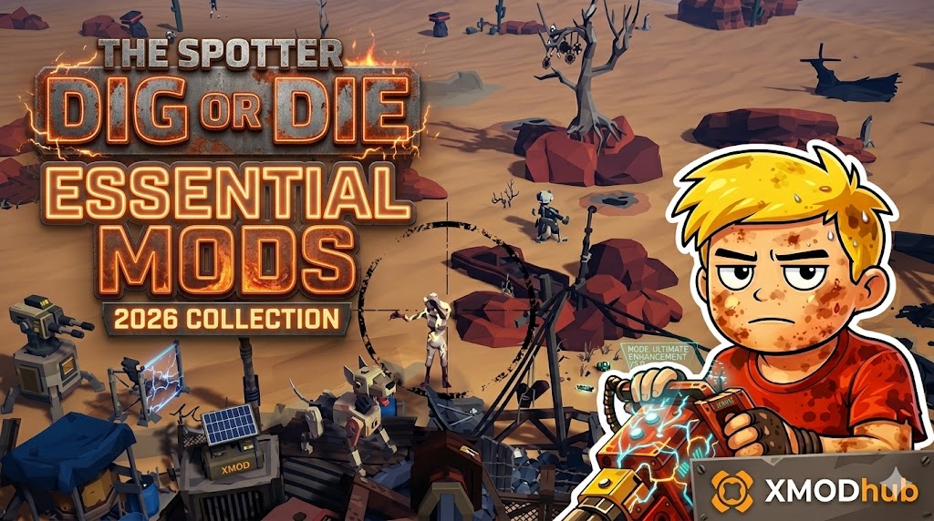 A cartoon character holds an energy-powered drill in the foreground of a low-poly desert outpost promotional scene for "The Spotter Dig Or Die" Essential Mods 2026 Collection.