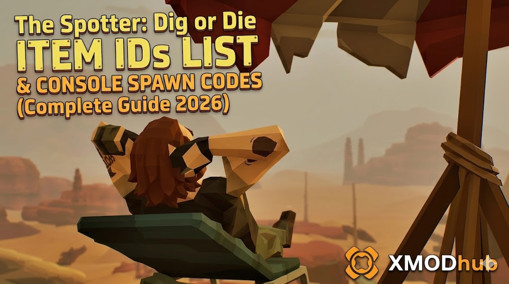 A low-poly style character in green shorts sits on a chair in a desert, hands behind head, with large text overlay about 'The Spotter: Dig or Die' item IDs and spawn codes.