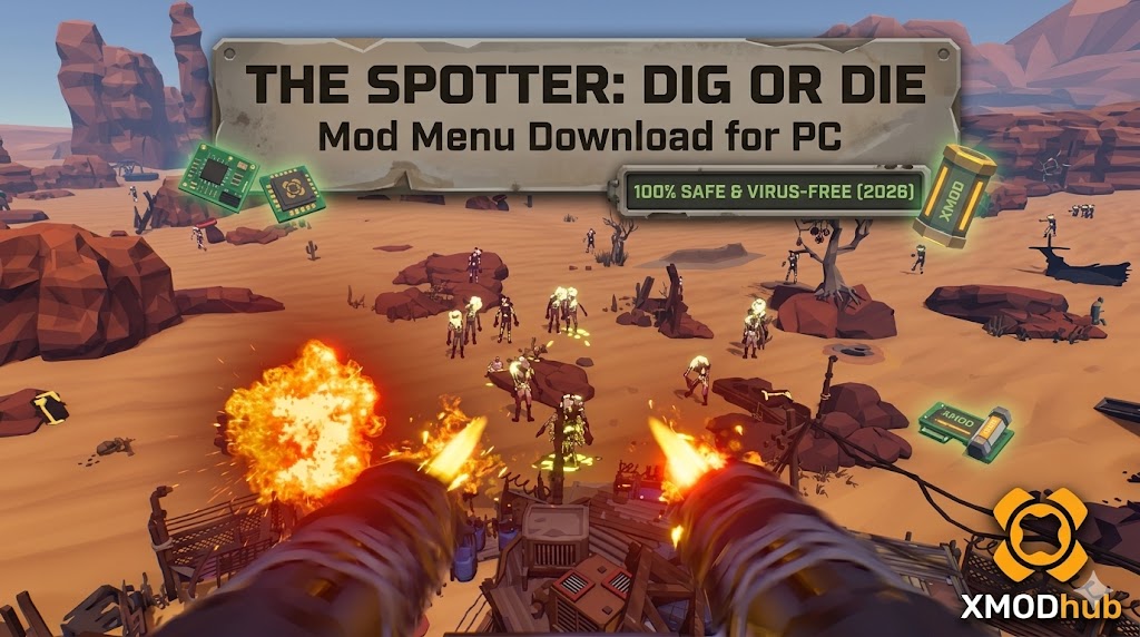 A first-person view of burning flamethrowers firing at low-poly zombies in a desert canyon, with a large text overlay for a 'The Spotter: Dig or Die' safe mod menu download.