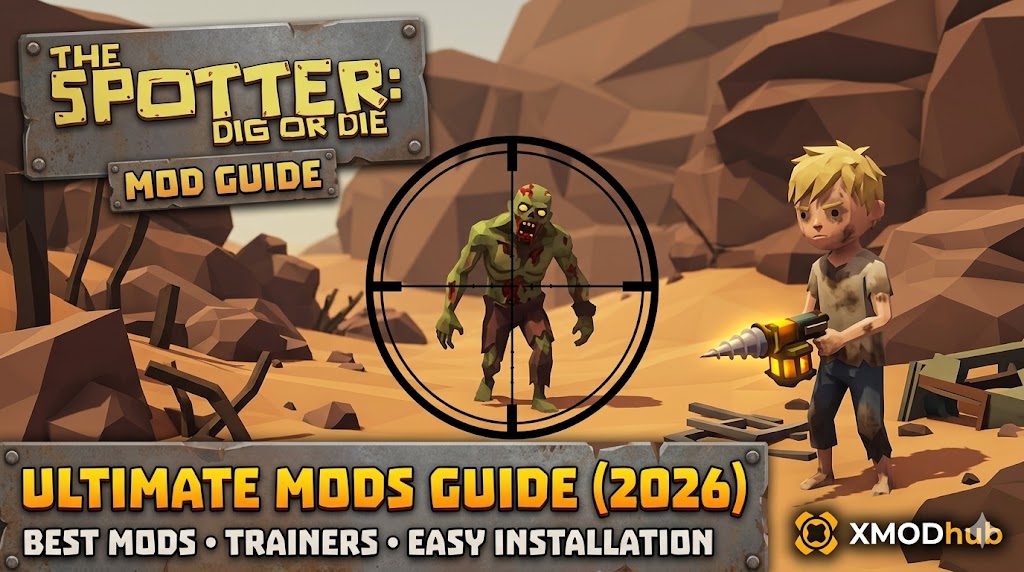 Low-poly desert scene of a boy with a drill-weapon and a zombie in a scope reticle, featuring 'Ultimate Mods Guide (2026)' text and the XMODhub logo.