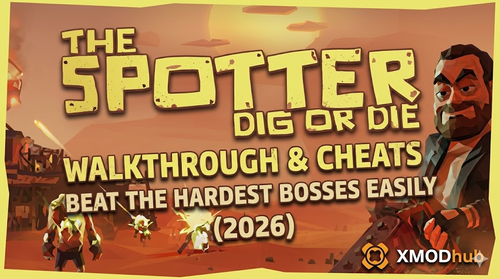 A desert survival scene from The Spotter: Dig or Die featuring a bearded character and game walkthrough text with the XMODhub logo in the corner.