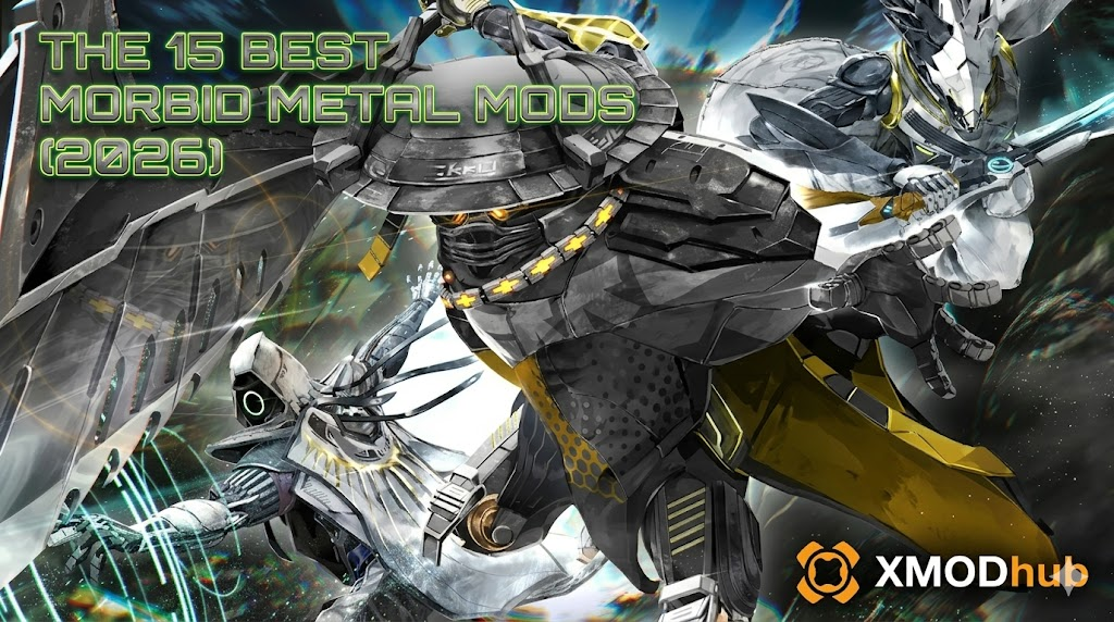 An action-packed digital illustration showing mechs fighting, with text overlay "The 15 Best Morbid Metal Mods (2026)" and the XMODhub logo.