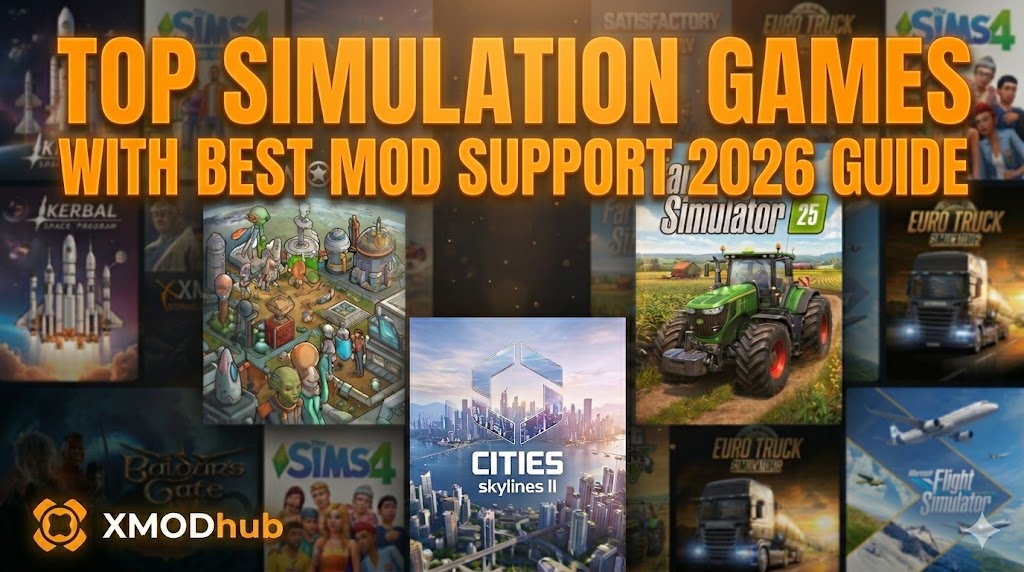 A professional blog header featuring leading simulation games like RimWorld and Cities: Skylines II with a bold title and the XMODhub logo for a 2026 modding guide.