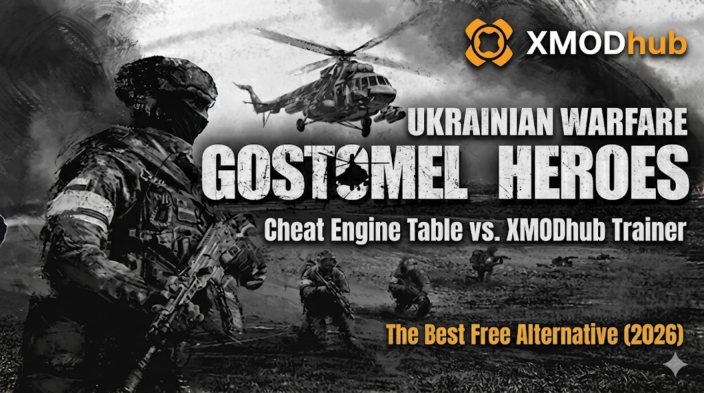 Черно-белая тактическая боевая сцена с солдатом, вертолетом и текстом, сравнивающим Cheat Engine и XMODhub Trainer для Ukrainian Warfare: Gostomel Heroes.