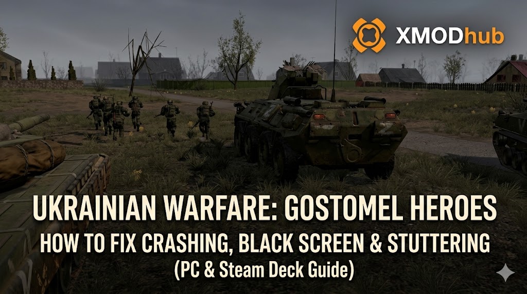 Миниатюра руководства по тактической игре Ukrainian Warfare: Gostomel Heroes с изображением бронетранспортера БТР и отряда солдат на сельской грунтовой дороге в разрушенной войной деревне под пасмурным небом.