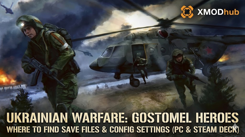 Главный баннер игры Ukrainian Warfare: Gostomel Heroes с изображением тактических солдат и военного вертолета в условиях войны.