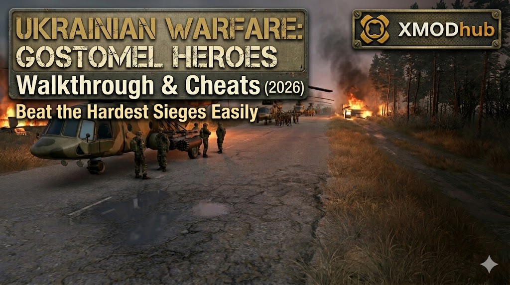 Tactical header for UKRAINIAN WARFARE: GOSTOMEL HEROES, featuring a combat helicopter and soldiers on a war-torn road with burning trees.