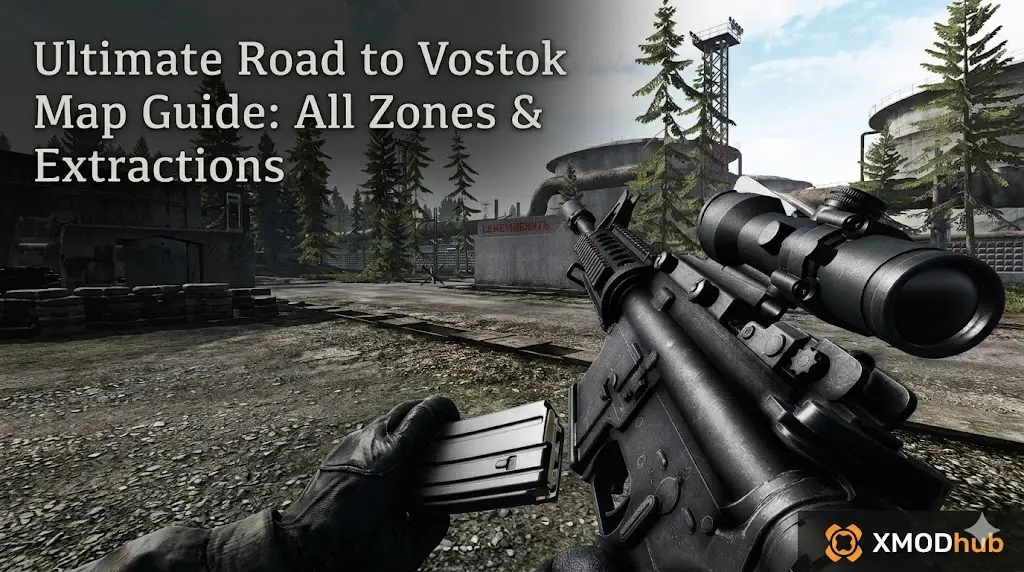 First-person view of a soldier reloading an assault rifle with a scope, standing in an industrial zone with old fuel tanks.