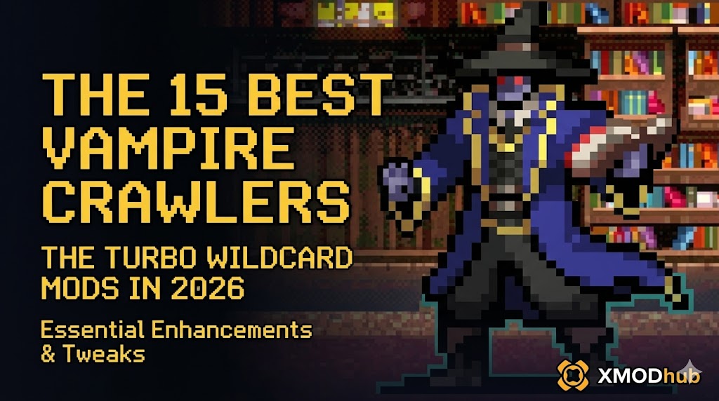 Pixel art character in a library featuring the title "The 15 Best Vampire Crawlers" and the XMODhub logo for a 2026 modding guide.