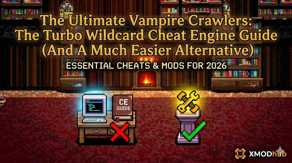 A pixel art library scene comparing a complex Cheat Engine setup with a simpler modding alternative for Vampire Crawlers, featuring the XMODhub logo.