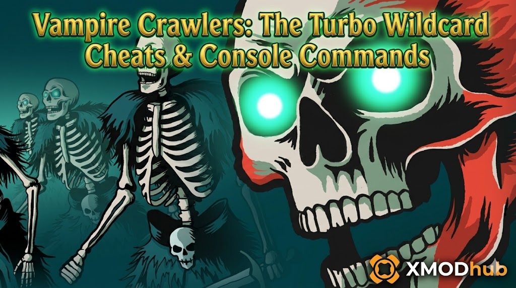 A 2D horror illustration for a Vampire Crawlers cheats guide, featuring glowing green-eyed skeletons and a red-haired skull, with the XMODhub logo.
