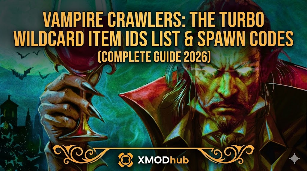 A detailed blog post header for a "Vampire Crawlers" Turbo Wildcard Item IDs and Spawn Codes guide, featuring a glowing-eyed vampire with a wine goblet, with the XMODhub logo.