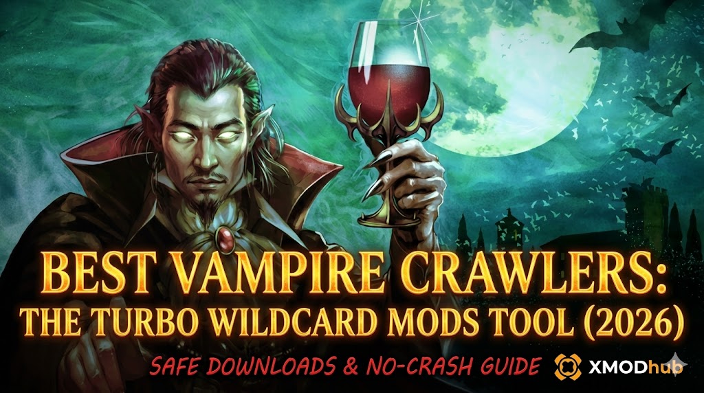 A gothic vampire holding a wine glass under a full moon featuring XMODhub branding and the Turbo Wildcard Mods Tool guide title.