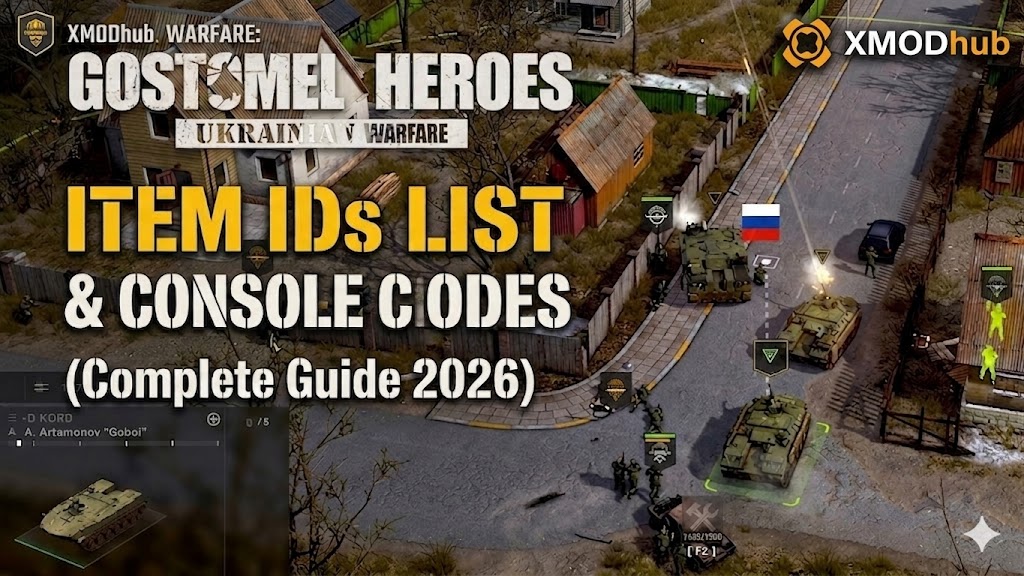 Tactical gameplay view of Warfare: Gostomel Heroes featuring armored vehicles and infantry on a village road, with a large text overlay for the 2026 Item IDs and Console Codes guide and the XMODhub logo.