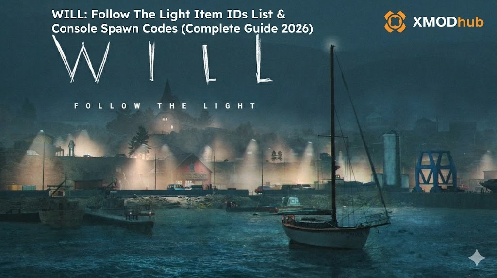 Cinematic harbor scene from WILL: Follow The Light featuring a boat in the fog, including the game title and XMODhub logo for a 2026 item IDs guide.