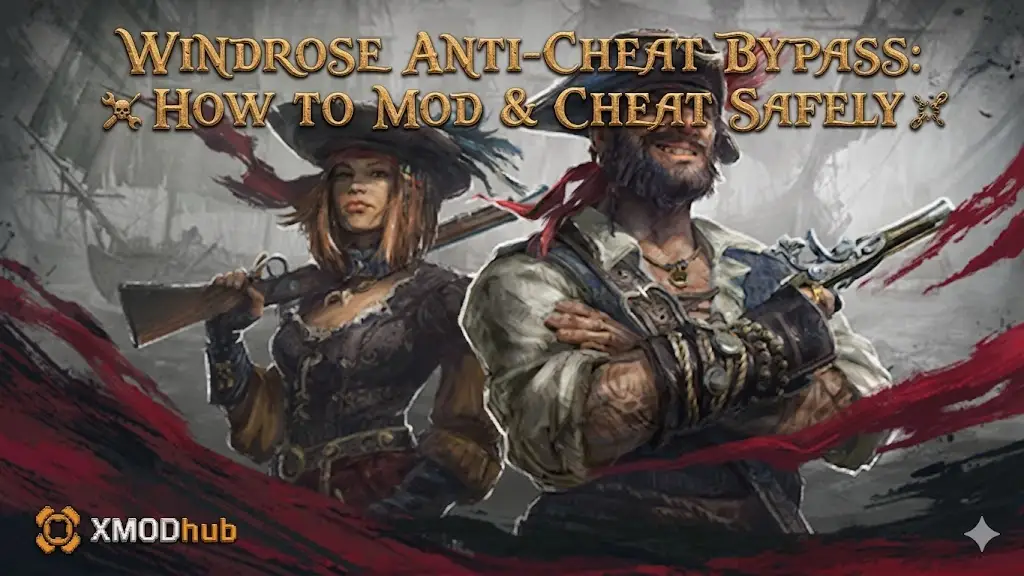 An illustrated guide cover featuring pirate characters with "WINDROSE ANTI-CHEAT BYPASS: HOW TO MOD & CHEAT SAFELY".