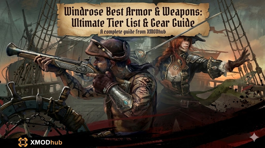 A detailed illustrative blog header for Windrose Best Armor & Weapons, with pirates on a ship deck under the article title and XMODhub logo.
