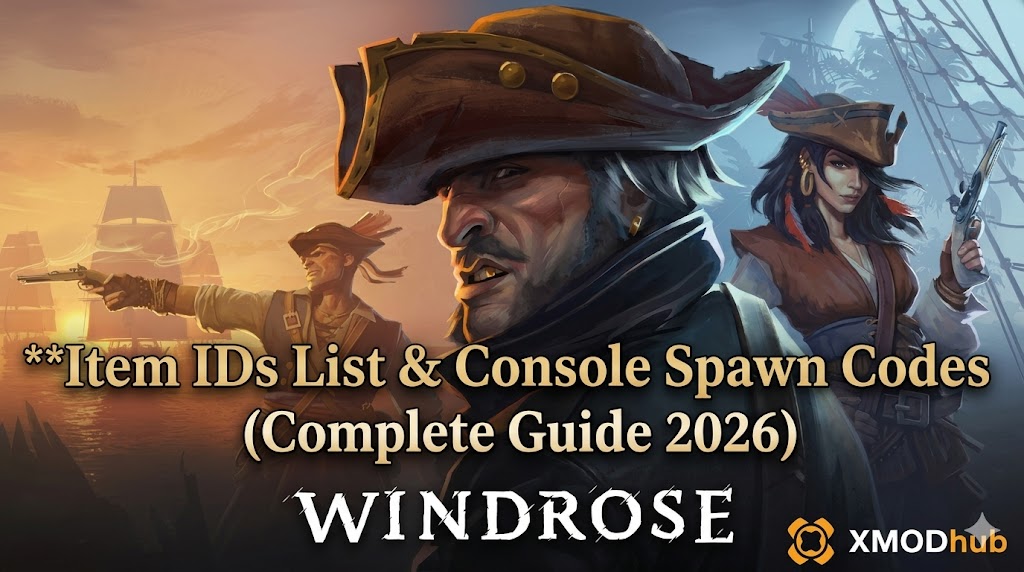 Promotional image for the Windrose complete guide 2026, featuring three pirates on a ship with title text for Item IDs and Console Spawn Codes, plus the XMODhub logo.