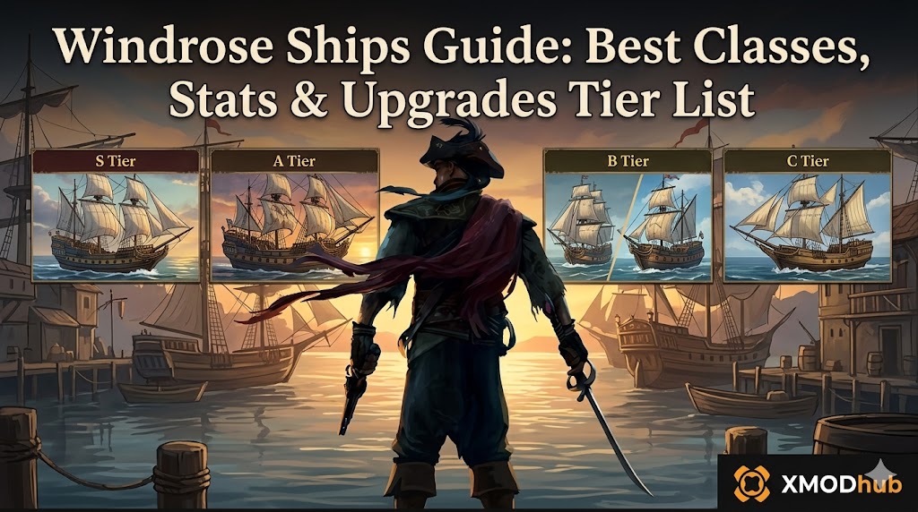 A single pirate stands on a dock, overlooking a detailed tier list comparison of diverse ship classes in a cinematic sunset harbor for the game Windrose.
