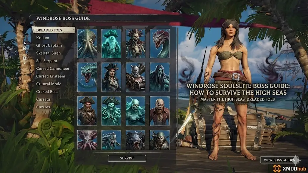 A modified Windrose Soulslite Boss Guide game screen with a female pirate, boss portrait grid, and 'High Seas' title text.