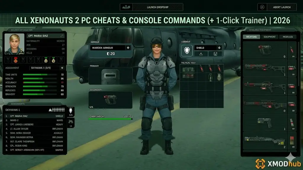 Скриншот игры Xenonauts 2 (Xenonauts 2), измененный с добавлением заголовка руководства по читам и логотипа XMODhub.