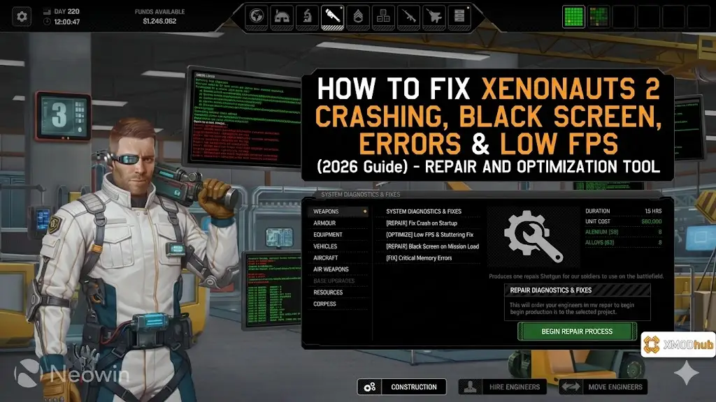 Xenonauts 2 troubleshooting guide for crashes, black screens, and low FPS, featuring an engineer character and modified interface.