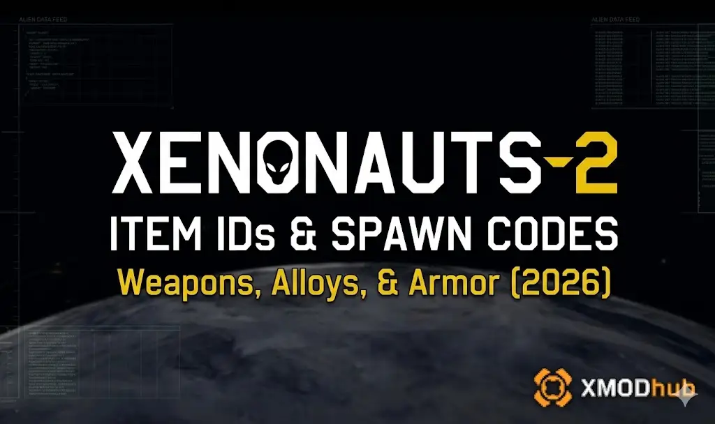Xenonauts 2 blog cover: Item IDs and Spawn Codes for Weapons, Alloys, Armor (2026). Small XMODhub logo. Tactical sci-fi theme.