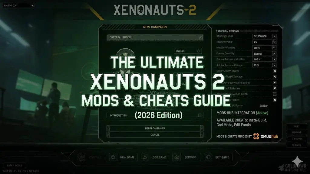 Xenonauts 2 Mods & Cheats Guide 2026. Text details content about available cheats (like God Mode and Insta-Build) and mods integration, provided by XMODhub.