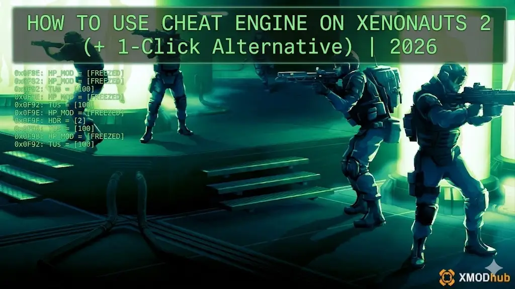 Xenonauts 2 Cheat Engine guide cover with XMODhub logo.