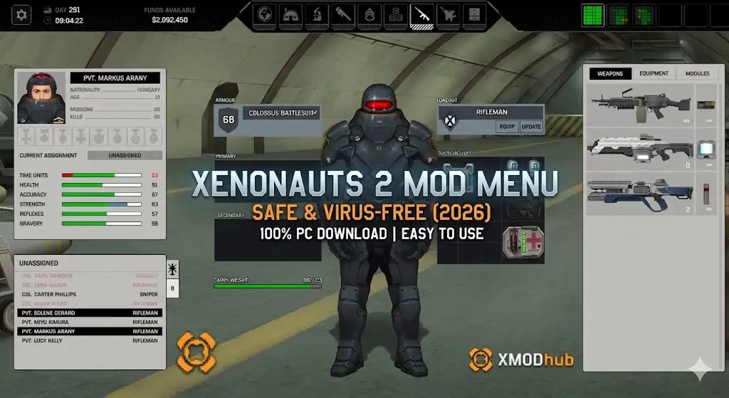 Xenonauts 2 Mod Menu safe PC download guide with soldier in Colossus Battlesuit.
