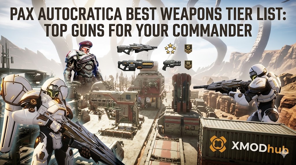 An SEO blog header showing a Pax Autocratica industrial base, armored soldiers, a title "BEST WEAPONS TIER LIST," weapon icons, and an XMODhub logo.