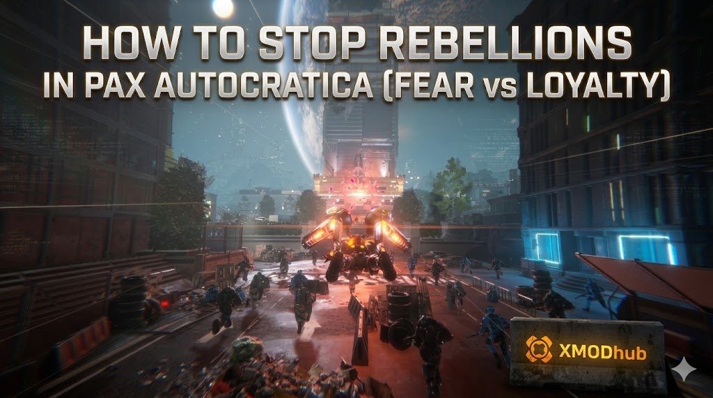 A detailed shot of the Pax Autocratica urban battle, with mechs, soldiers, tire barricades, text "HOW TO STOP REBELLIONS," and an XMODhub logo.