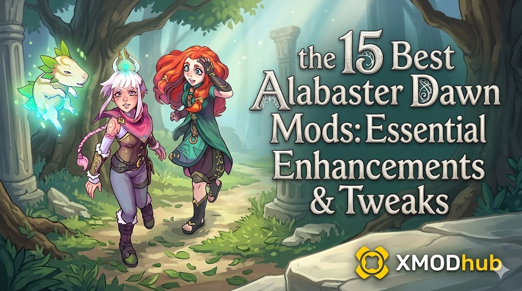 Two Alabaster Dawn characters and a spirit animal running through a forest, highlighting a guide for the 15 best mods with XMODhub branding.