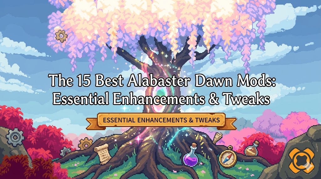 A pixel art image featuring a prominent glowing tree with wisteria-like leaves, a magic portal, and a central title and a small banner for "ESSENTIAL ENHANCEMENTS & TWEAKS", with a seamless XMODhub logo in the bottom right.