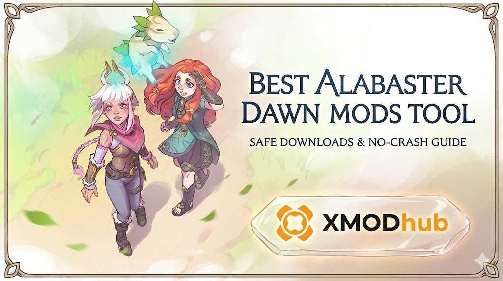 Alabaster Dawn characters and a spirit companion in a fantasy landscape featuring the XMODhub logo and a guide for the best mods tool.