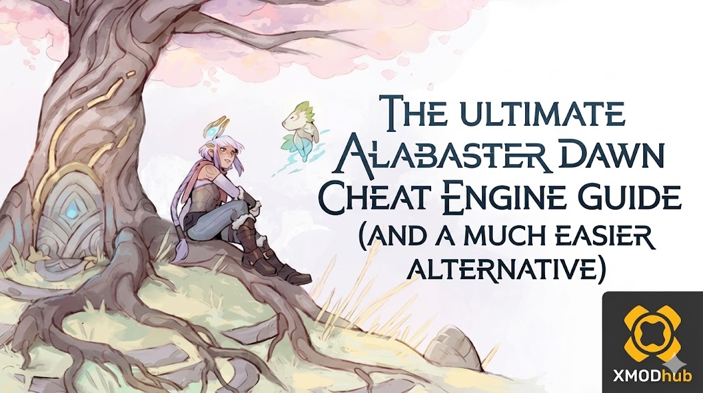 A fantasy watercolor-style header showing a girl sitting under a pink tree with the Alabaster Dawn guide title and XMODhub logo.