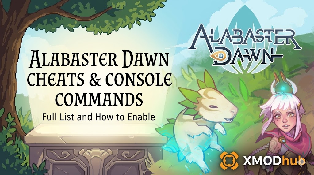 A refined illustration for a 'Alabaster Dawn' game guide, featuring key characters, a glowing portal, and clear text listing 'Alabaster Dawn Cheats & Console Commands,' with an integrated 'XMODhub' logo.